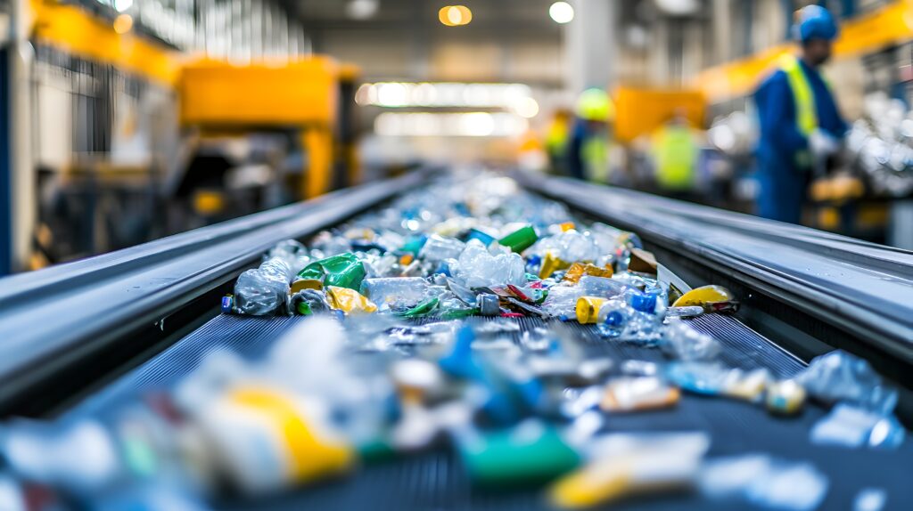 Conveyor belt in a recycling plant sorting through plastics metals and paper waste materials for efficient processing and reuse Workers in the background oversee the automated sorting and recovery