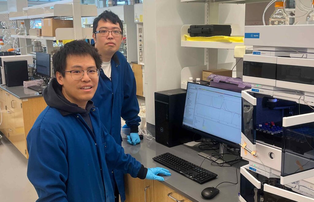 Chemist Yuwei Gu (at left) and graduate student Shaozheng Yin employ a gel permeation chromatography machine to measure the size of polymers and how they break down. The analysis is an important aspect of their work.
