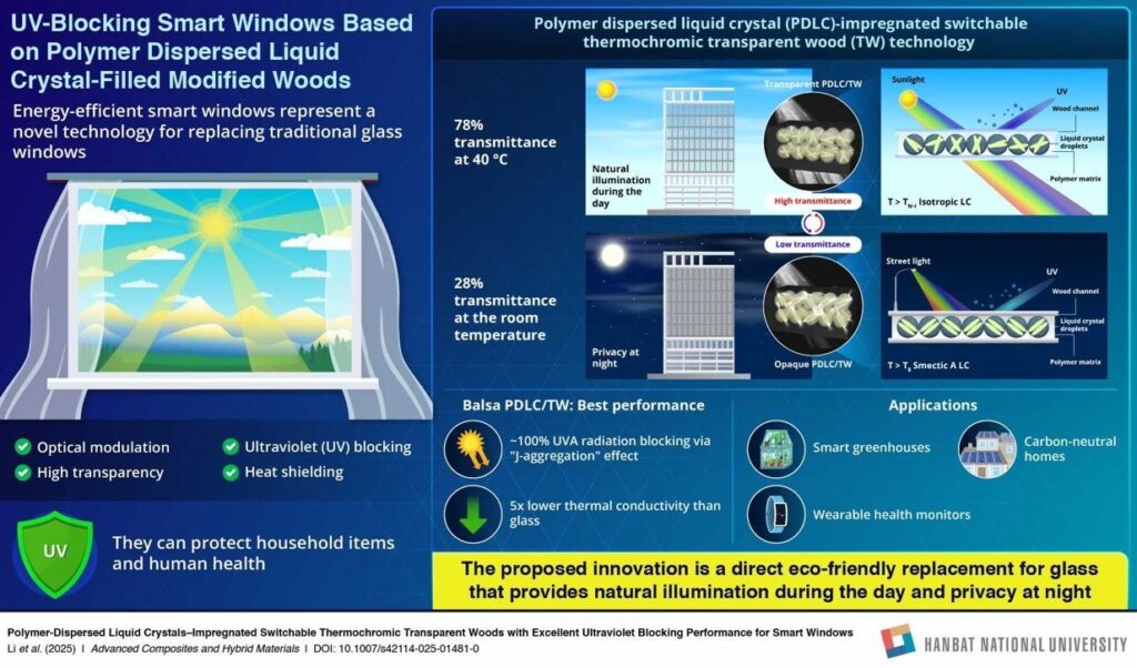 The polymer-dispersed liquid crystal (PDLC)-filled switchable thermochromic transparent wood (TW) exhibits outstanding ultraviolet blocking performance for smart windows. Source: Hanbar National University