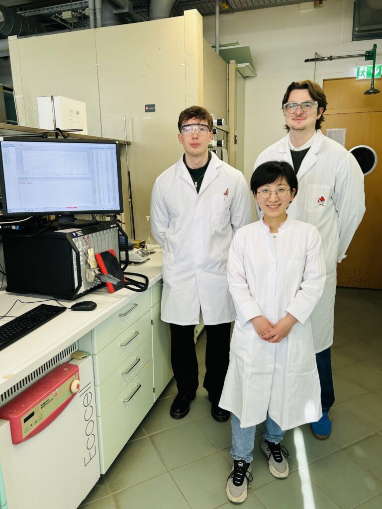 Dr. Dandan Gao mit ihren Mitarbeitern Christean Nickel (l.) und David Leander Troglauer (r.)