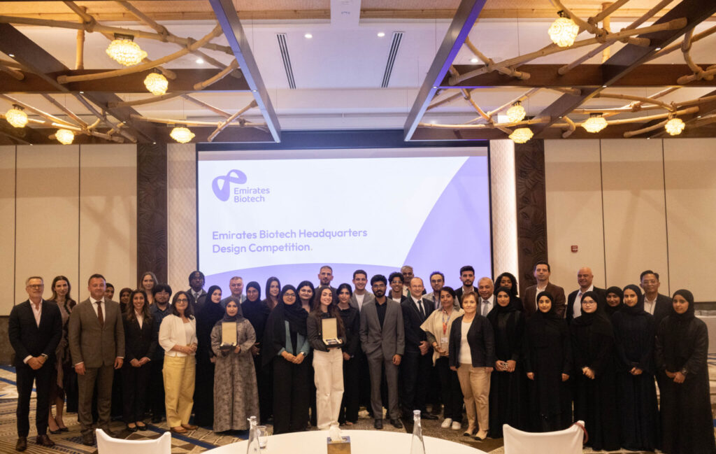 Emirates Biotech alongside the participating finalists and professors from United Arab Emirates University, and Heriot Watt University, and the jury panel from Capital Engineering.