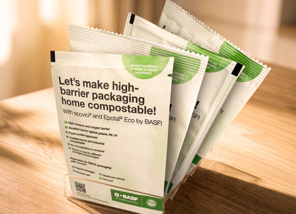 Das zertifiziert heimkompostierbare Biopolymer ecovio® kann jetzt auch dafür eingesetzt werden, unterschiedliche Barriereaufbauten auf Papier- oder Kunststoffsubstraten für flexible Verpackungen herzustellen.