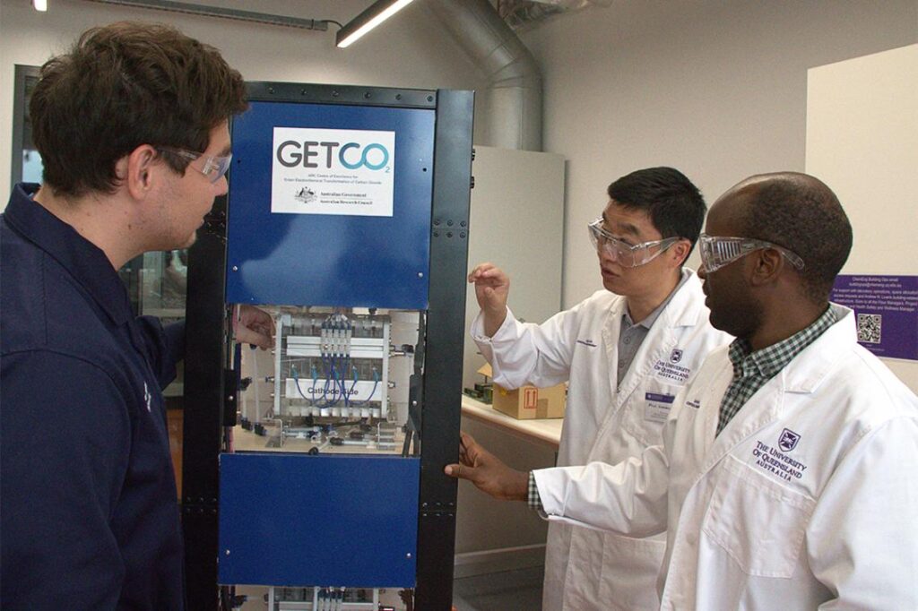 PhD student Rizal Evans, Professor Xiwang Zhang and Dr Mike Tebyetekerwa.
(Photo credit: The University of Queensland)