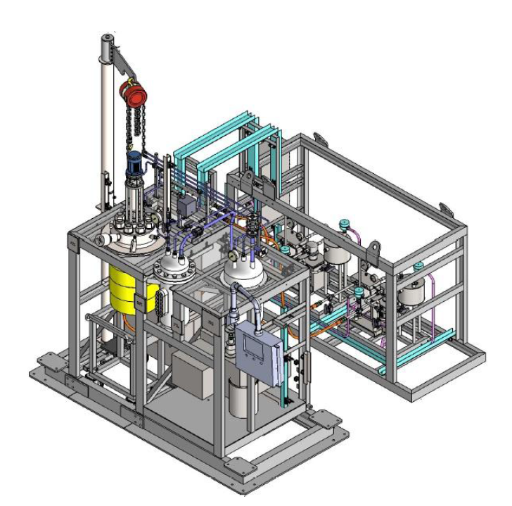 The design of the pilot plant consists of two connected ‘skids’ where all necessary components are mounted onto a sturdy steel frame. The skid in the foreground measures approximately 3 x 1.5 x 4 m, the other approximately 2.8 x 1.1 x 1.7 m. The total weight is around 4.400 kg. Image: PLASTICE.