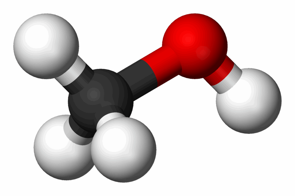 Methanol molecule (CH3OH): The black sphere represents carbon (C), and the red one represents oxygen (O). The four white spheres symbolize hydrogen atoms (H).