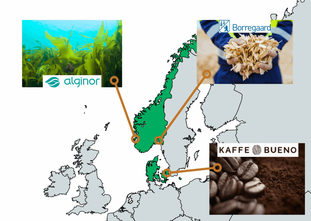Graphic: overview of the three biorefinery partners — locations, and feedstocks