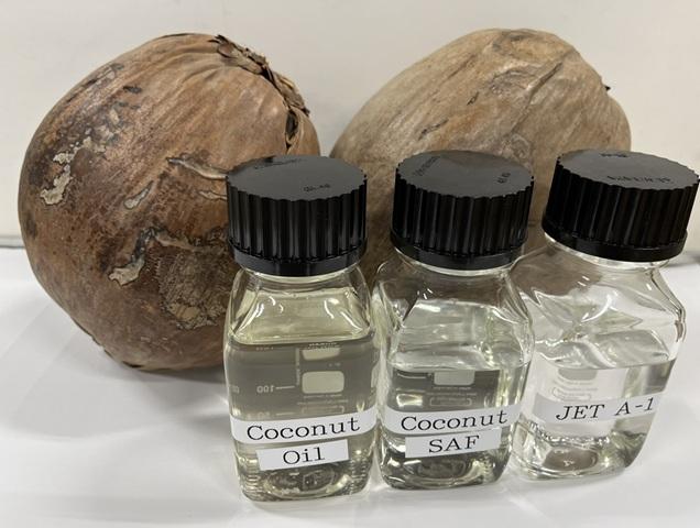 Coconut SAF as an alternative to jet fuel - Coconut oil is processed into SAF, which is chemically similar to the commonly used jet fuel JET A-1.