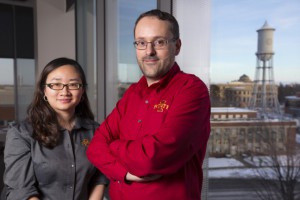 Zengyi Shao and Jean-Philippe Tessonnier, left to right, are combining their expertise in biocatalytic and chemical catalytic technologies to produce a new type of biobased nylon. Photo by Christopher Gannon. 