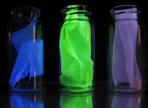  Examples of the silk used in experiments to detect damage in composites, shown under black light. (Left)  Ordinary fibroin of the Bombyx mori silk worm. The observed fluorescence is the result of molecules already present in the protein structure of the fiber. (Middle) Mechanophore-labeled silk fiber fluoresces in response to damage or stress. (Right) Control sample without the mechanophore. Credit: Chelsea Davis and Jeremiah Woodcock/NIST