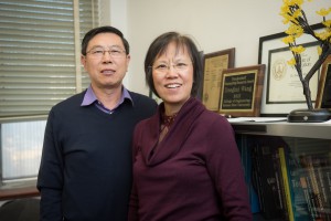 Donghai Wang, professor of biological and agricultural engineering, and Susan Sun, university distinguished professor of grain science and industry, developed a patented biodegradable resin for adhesives and coatings. Source: Kansas State University