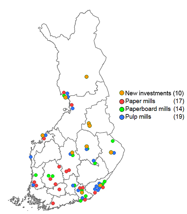 Figure 1. Paper-, paperboard-, pulp mills and new investments in Finland. SOURCE: Original figures by Finnish Forest Industries Federation. New investments (orange ball shape) have been added later.
