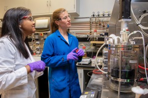 Aindrila Mukhopadhyay and Maren Wehrs inspect a bioreactor full of their Bluebelle strain at JBEI. (Credit: Marilyn Chung/Berkeley Lab)