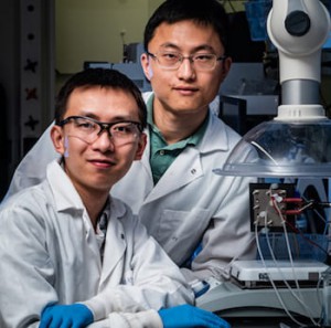 Rice postdoctoral researcher Chuan Xia, left, and chemical and biomolecular engineer Haotian Wang. Photo by Jeff Fitlow
