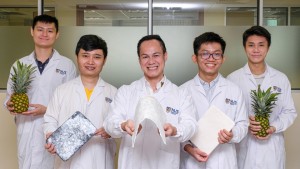 Assoc Prof Duong Hai-Minh (centre) and his team from NUS Mechanical Engineering developed a technique that converts pineapple leaf fibres into ultra-light, biodegradable aerogels.