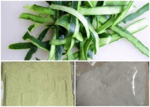 The product from raw to final form: Top – Cucumber Peels, Bottom Left – Raw Fibre, Right – Dried cellulose nanocrystals