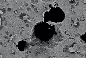 Elektronenmikroskopische Aufnahme von durch bakteriellem Abbau entstandenen Löchern (schwarz) im Plastik Quelle: HZI/Rohde 