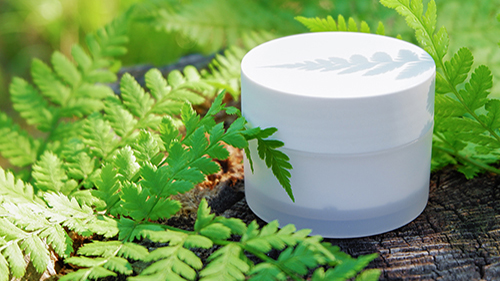 Cosmetic cream for skin care. Natural cosmetics in nature with green fern leaves.