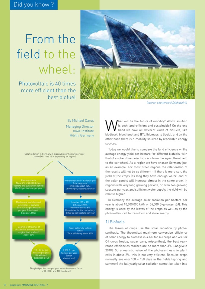 "From the field to the wheel: Photovoltaic is 40 times more efficient than the best biofuel"