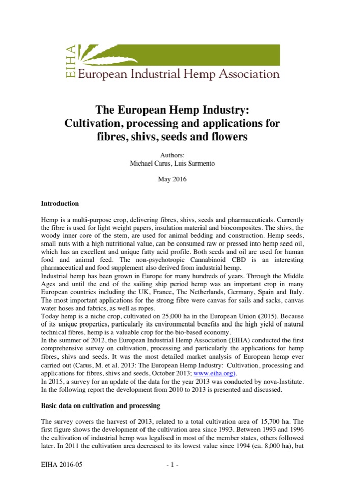 The European Hemp Industry: Cultivation, processing and applications for fibres, shivs, seeds and flowers
