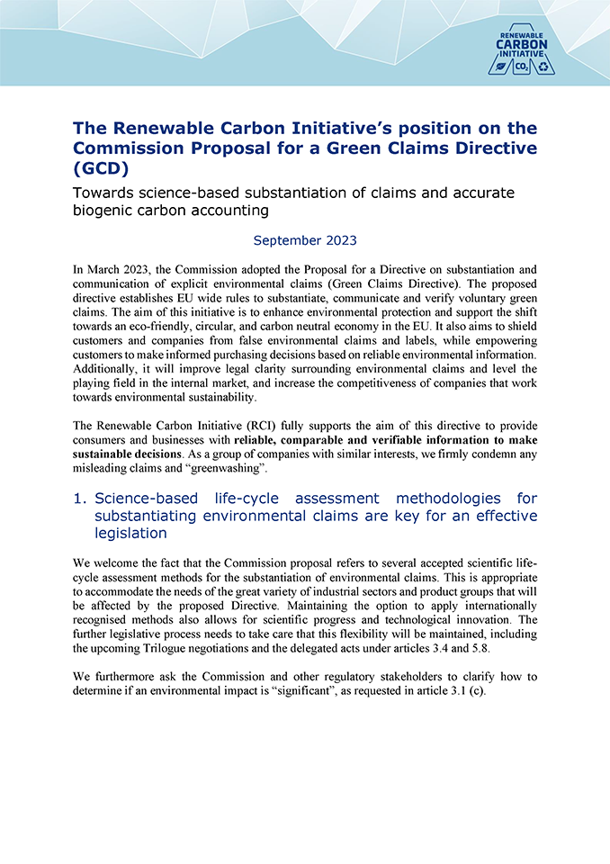 the renewable carbon initiative’s position on the commission proposal for a green claims directive (gcd) – towards science based substantiation of claims and accurate biogenic carbon accounting (pdf)