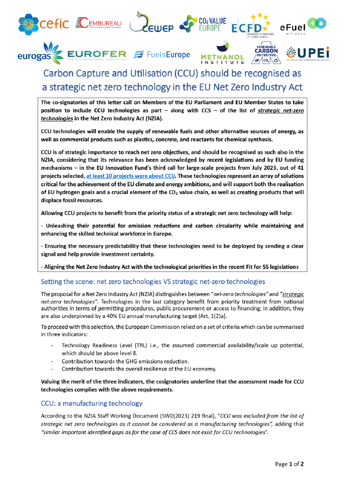 joint letter: carbon capture and utilisation (ccu) should be recognised as a strategic net zero technology in the eu net zero industry act (pdf)